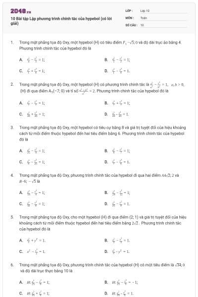 10 Bài tập Lập phương trình chính tắc của hypebol (có lời giải)