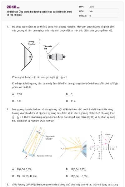 10 Bài tập Ứng dụng ba đường conic vào các bài toán thực tế (có lời giải)