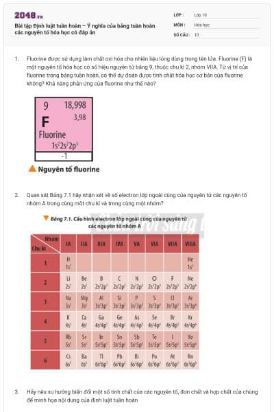 Bài tập Định luật tuần hoàn – Ý nghĩa của bảng tuần hoàn các nguyên tố hóa học có đáp án