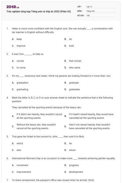 Trắc nghiệm tổng hợp Tiếng anh có đáp án 2023 (Phần 52)