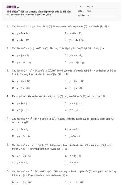 10 Bài tập Thiết lập phương trình tiếp tuyến của đồ thị hàm số tại một điểm thuộc đồ thị (có lời giải)