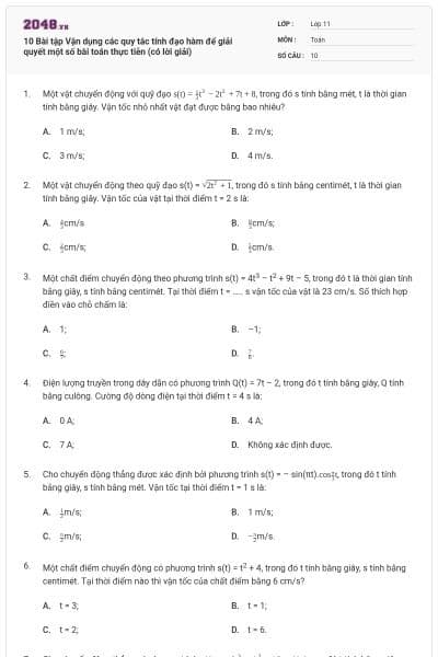 10 Bài tập Vận dụng các quy tắc tính đạo hàm để giải quyết một số bài toán thực tiễn (có lời giải)