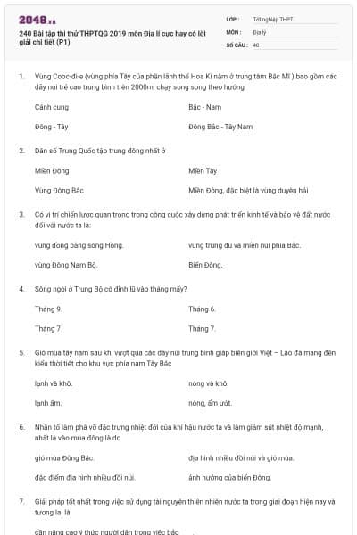 240 Bài tập thi thử THPTQG 2019 môn Địa lí cực hay có lời giải chi tiết (P1)