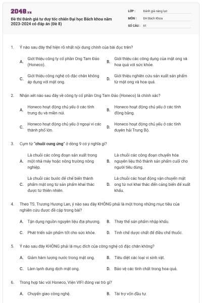 Đề thi Đánh giá tư duy tốc chiến Đại học Bách khoa năm 2023-2024 có đáp án (Đề 8)