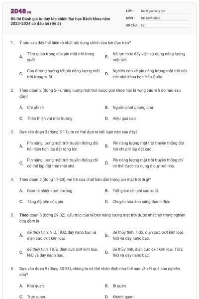 Đề thi Đánh giá tư duy tốc chiến Đại học Bách khoa năm 2023-2024 có đáp án (Đề 3)