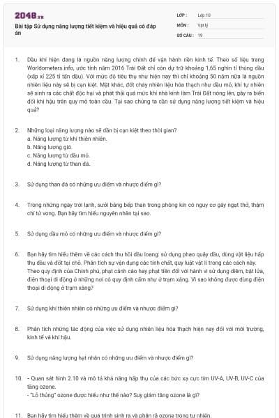 Bài tập Sử dụng năng lượng tiết kiệm và hiệu quả có đáp án