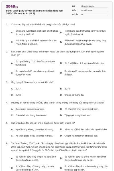 Đề thi Đánh giá tư duy tốc chiến Đại học Bách khoa năm 2023-2024 có đáp án (Đề 9)