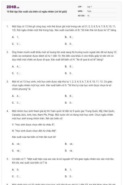 10 Bài tập Xác suất của biến cố ngẫu nhiên (có lời giải)