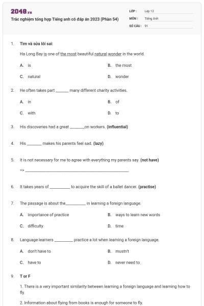 Trắc nghiệm tổng hợp Tiếng anh có đáp án 2023 (Phần 54)