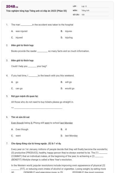 Trắc nghiệm tổng hợp Tiếng anh có đáp án 2023 (Phần 55)
