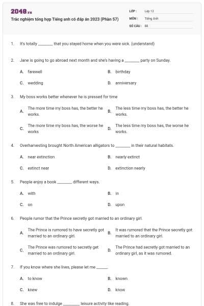 Trắc nghiệm tổng hợp Tiếng anh có đáp án 2023 (Phần 57)