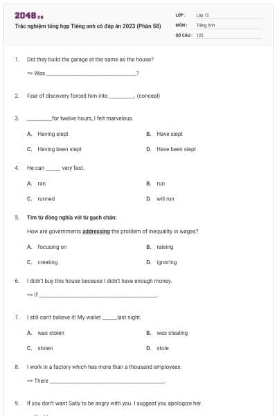 Trắc nghiệm tổng hợp Tiếng anh có đáp án 2023 (Phần 58)