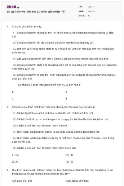 Bài tập Tiến Hóa (Sinh học 12) có lời giải chi tiết (P5)