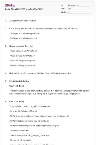Ôn thi Tốt nghiệp THPT môn Ngữ Văn (Đề 2)