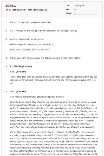 Ôn thi Tốt nghiệp THPT môn Ngữ Văn (Đề 3)