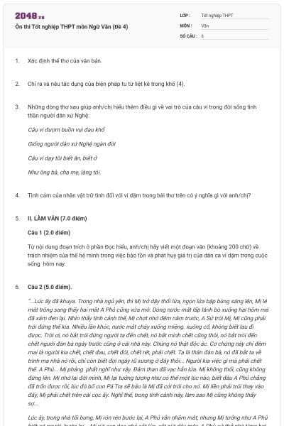 Ôn thi Tốt nghiệp THPT môn Ngữ Văn (Đề 4)