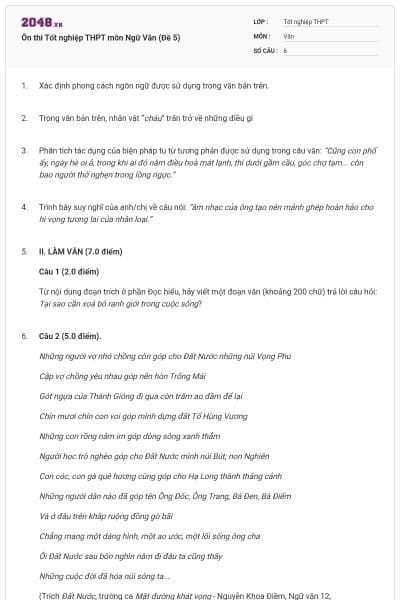 Ôn thi Tốt nghiệp THPT môn Ngữ Văn (Đề 5)