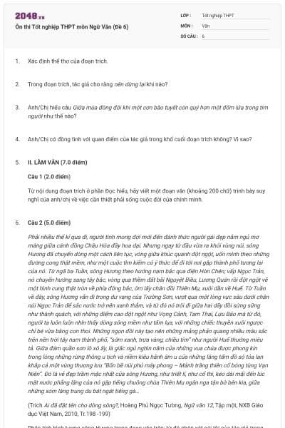 Ôn thi Tốt nghiệp THPT môn Ngữ Văn (Đề 6)