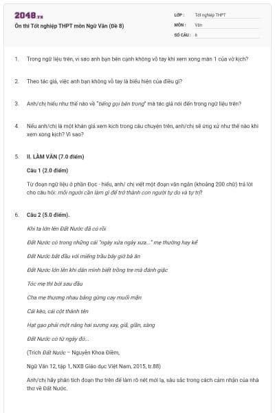 Ôn thi Tốt nghiệp THPT môn Ngữ Văn (Đề 8)