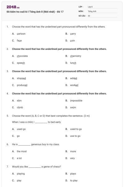Đề kiểm tra cuối kì I Tiếng Anh 8 (Mới nhất) - Đề 17