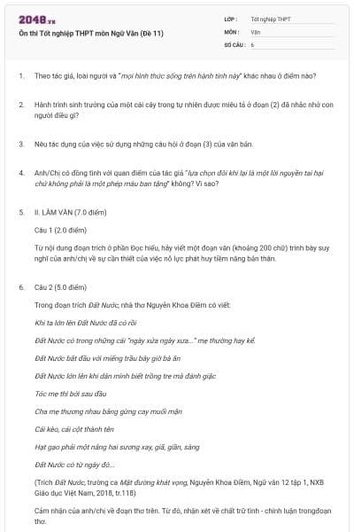 Ôn thi Tốt nghiệp THPT môn Ngữ Văn (Đề 11)