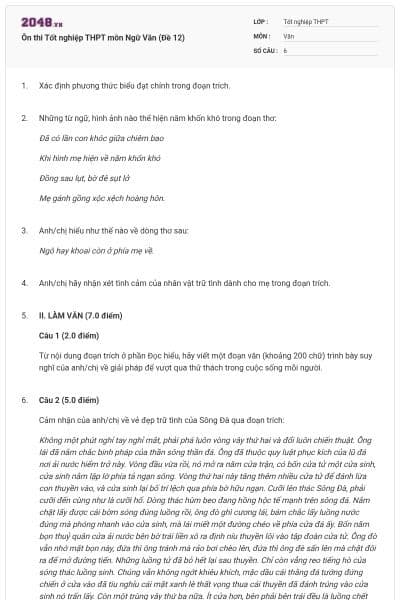 Ôn thi Tốt nghiệp THPT môn Ngữ Văn (Đề 12)