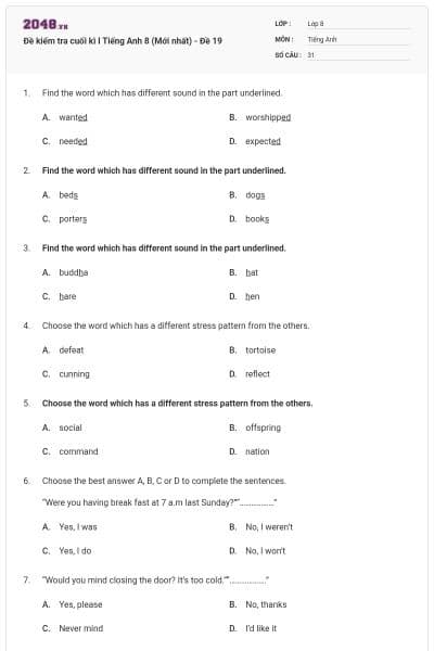 Đề kiểm tra cuối kì I Tiếng Anh 8 (Mới nhất) - Đề 19
