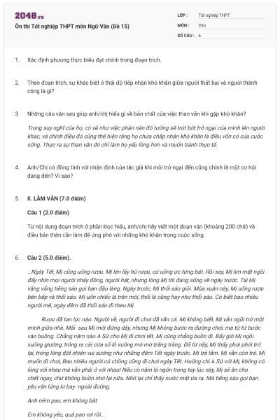 Ôn thi Tốt nghiệp THPT môn Ngữ Văn (Đề 15)