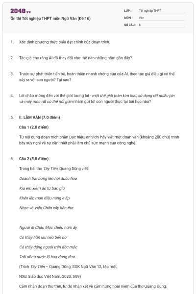 Ôn thi Tốt nghiệp THPT môn Ngữ Văn (Đề 16)