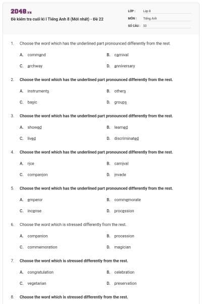 Đề kiểm tra cuối kì I Tiếng Anh 8 (Mới nhất) - Đề 22