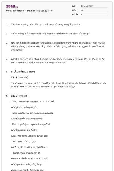 Ôn thi Tốt nghiệp THPT môn Ngữ Văn (Đề 19)