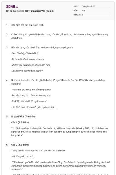 Ôn thi Tốt nghiệp THPT môn Ngữ Văn (Đề 20)