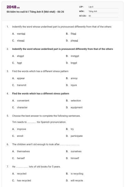 Đề kiểm tra cuối kì I Tiếng Anh 8 (Mới nhất) - Đề 26