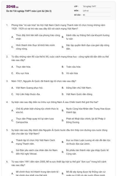 Ôn thi Tốt nghiệp THPT môn Lịch Sử (Đề 3)