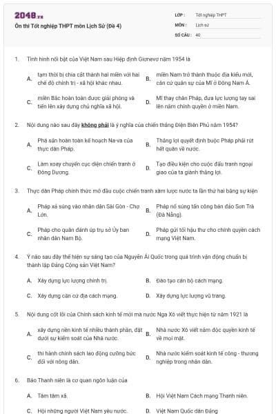 Ôn thi Tốt nghiệp THPT môn Lịch Sử (Đề 4)