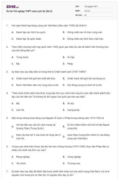 Ôn thi Tốt nghiệp THPT môn Lịch Sử (Đề 5)