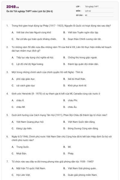 Ôn thi Tốt nghiệp THPT môn Lịch Sử (Đề 6)