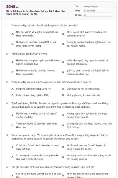 Đề thi Đánh giá tư duy tốc chiến Đại học Bách khoa năm 2023-2024 có đáp án (Đề 10)