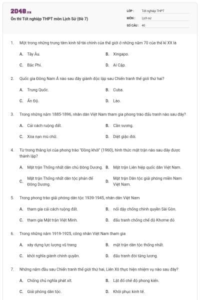 Ôn thi Tốt nghiệp THPT môn Lịch Sử (Đề 7)