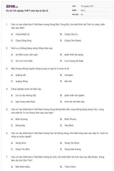 Ôn thi Tốt nghiệp THPT môn Địa lý (Đề 4)