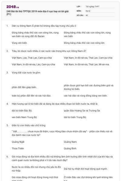 240 Bài thi thử TPTQG 2019 môn Địa lí cực hay có lời giải (P1)