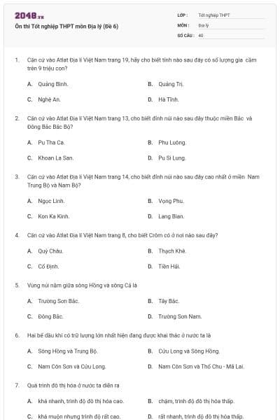 Ôn thi Tốt nghiệp THPT môn Địa lý (Đề 6)