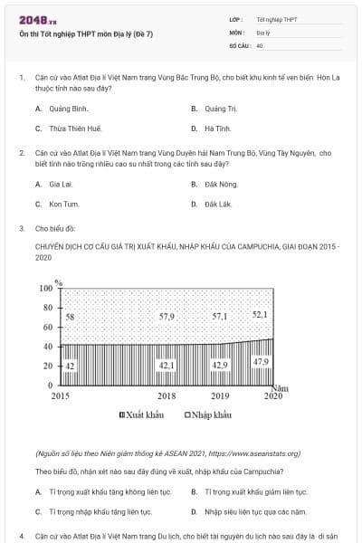 Ôn thi Tốt nghiệp THPT môn Địa lý (Đề 7)