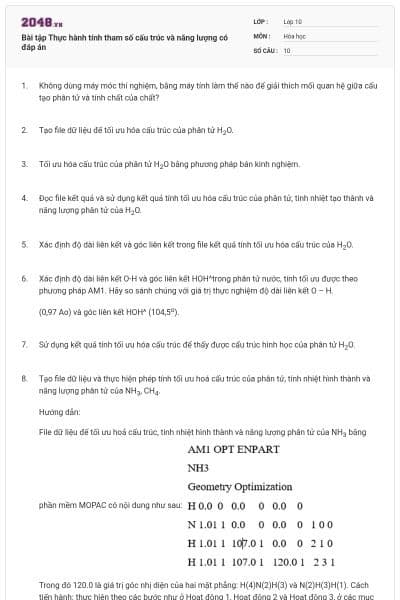 Bài tập Thực hành tính tham số cấu trúc và năng lượng có đáp án