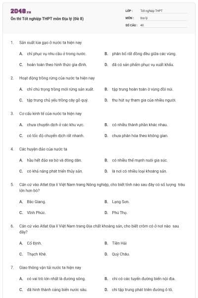 Ôn thi Tốt nghiệp THPT môn Địa lý (Đề 8)
