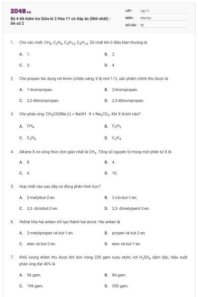 Bộ 6 Đề kiểm tra Giữa kì 2 Hóa 11 có đáp án (Mới nhất) - Đề số 2