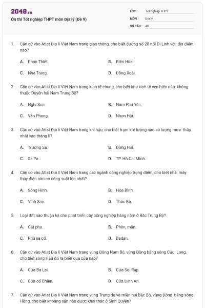 Ôn thi Tốt nghiệp THPT môn Địa lý (Đề 9)