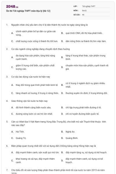 Ôn thi Tốt nghiệp THPT môn Địa lý (Đề 12)