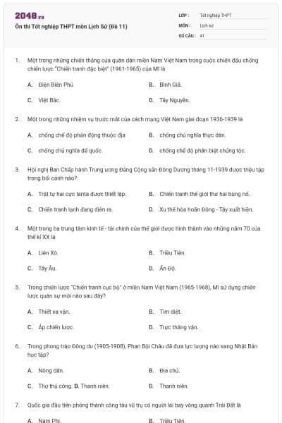 Ôn thi Tốt nghiệp THPT môn Lịch Sử (Đề 11)