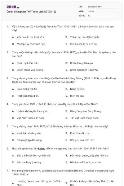 Ôn thi Tốt nghiệp THPT môn Lịch Sử (Đề 12)